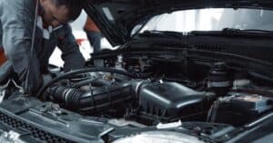 A mechanic in uniform works under the raised hood of a car, inspecting or repairing the engine components.