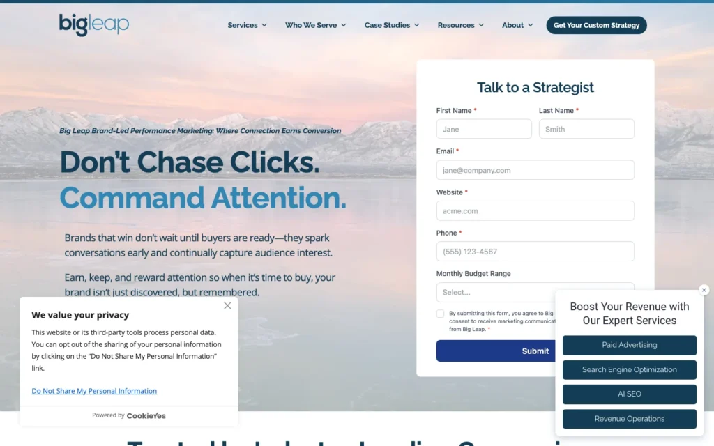 Big Leap homepage screenshot — Multi-industry SEO and performance marketing