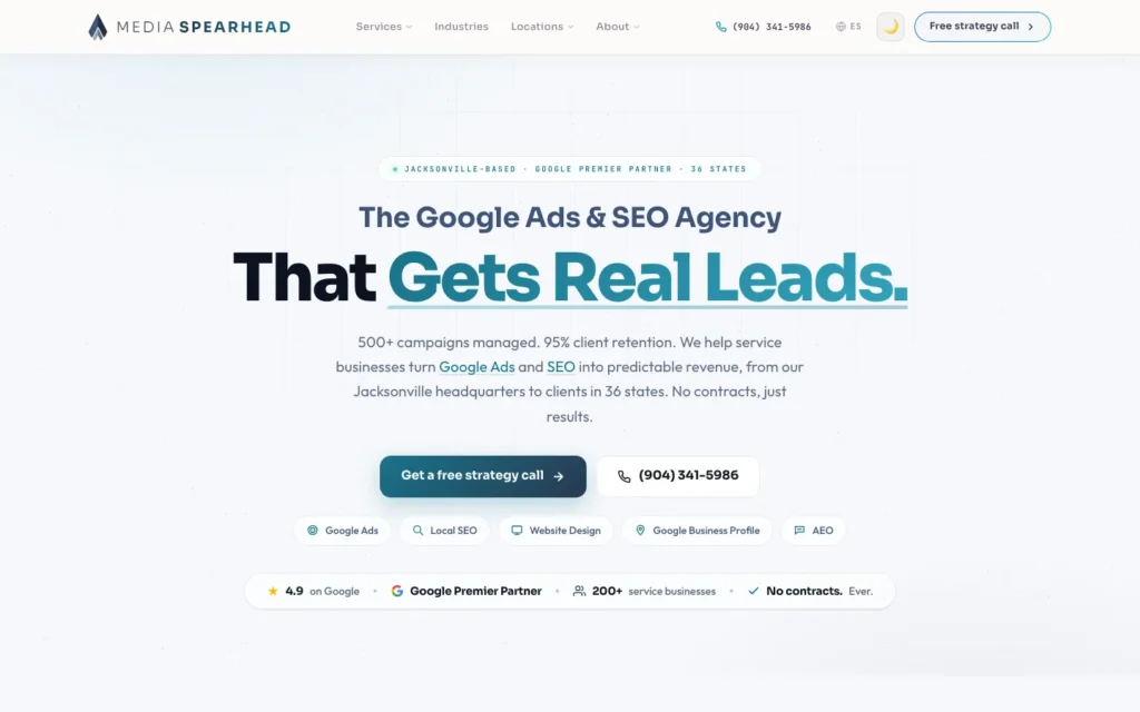 MediaSpearhead homepage screenshot — Google Ads and local SEO for service businesses