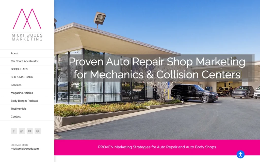 Micki Woods Marketing homepage screenshot — Collision and auto repair marketing