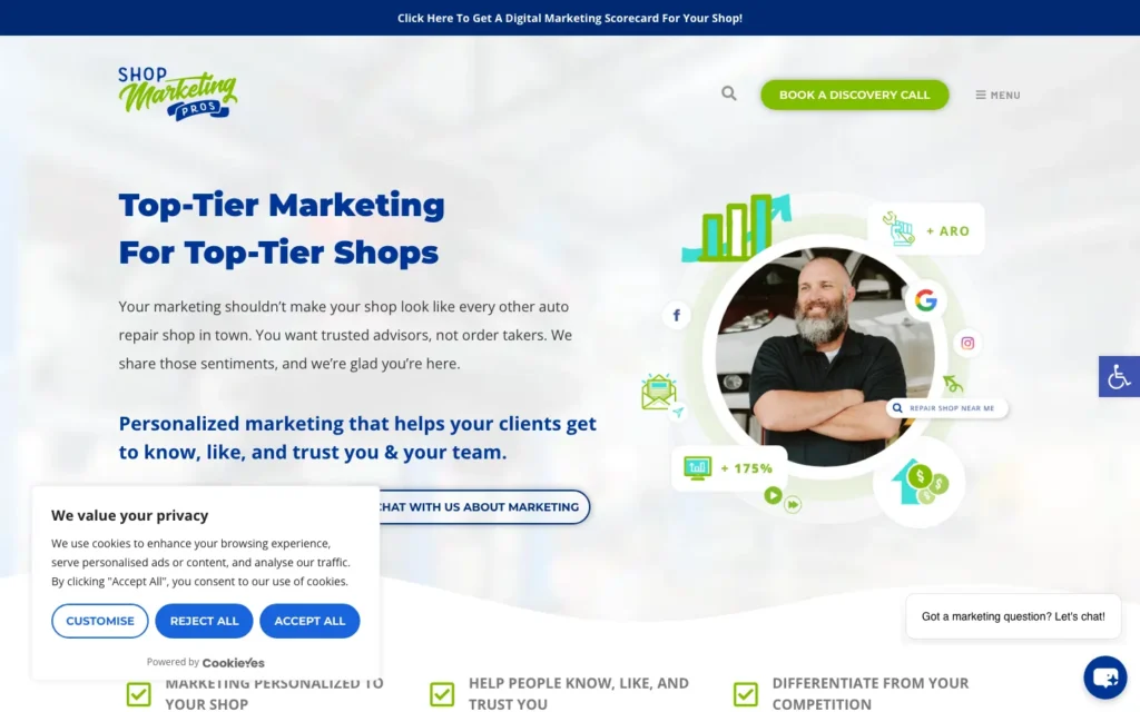 Shop Marketing Pros homepage screenshot — Independent repair shops