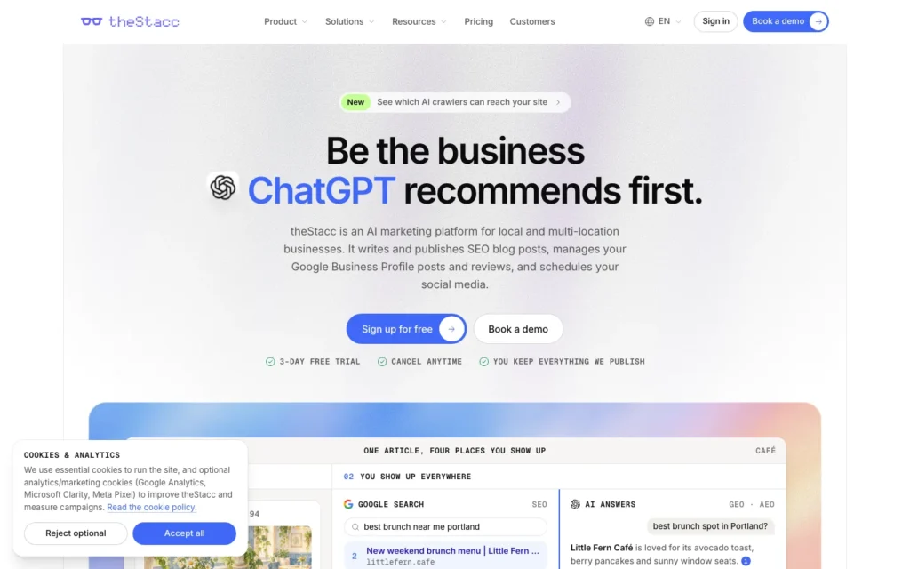 theStacc homepage screenshot — AI-assisted SEO content platform